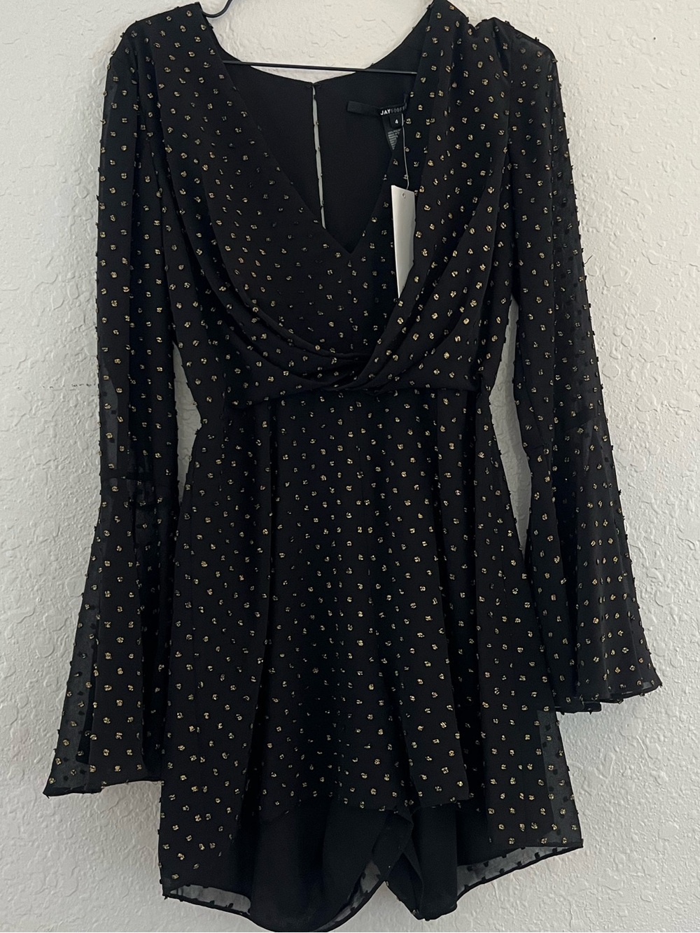 Jay Godfrey "Colette" Deep V-Neck Bell-Sleeve Metallic Polka Dot Romper